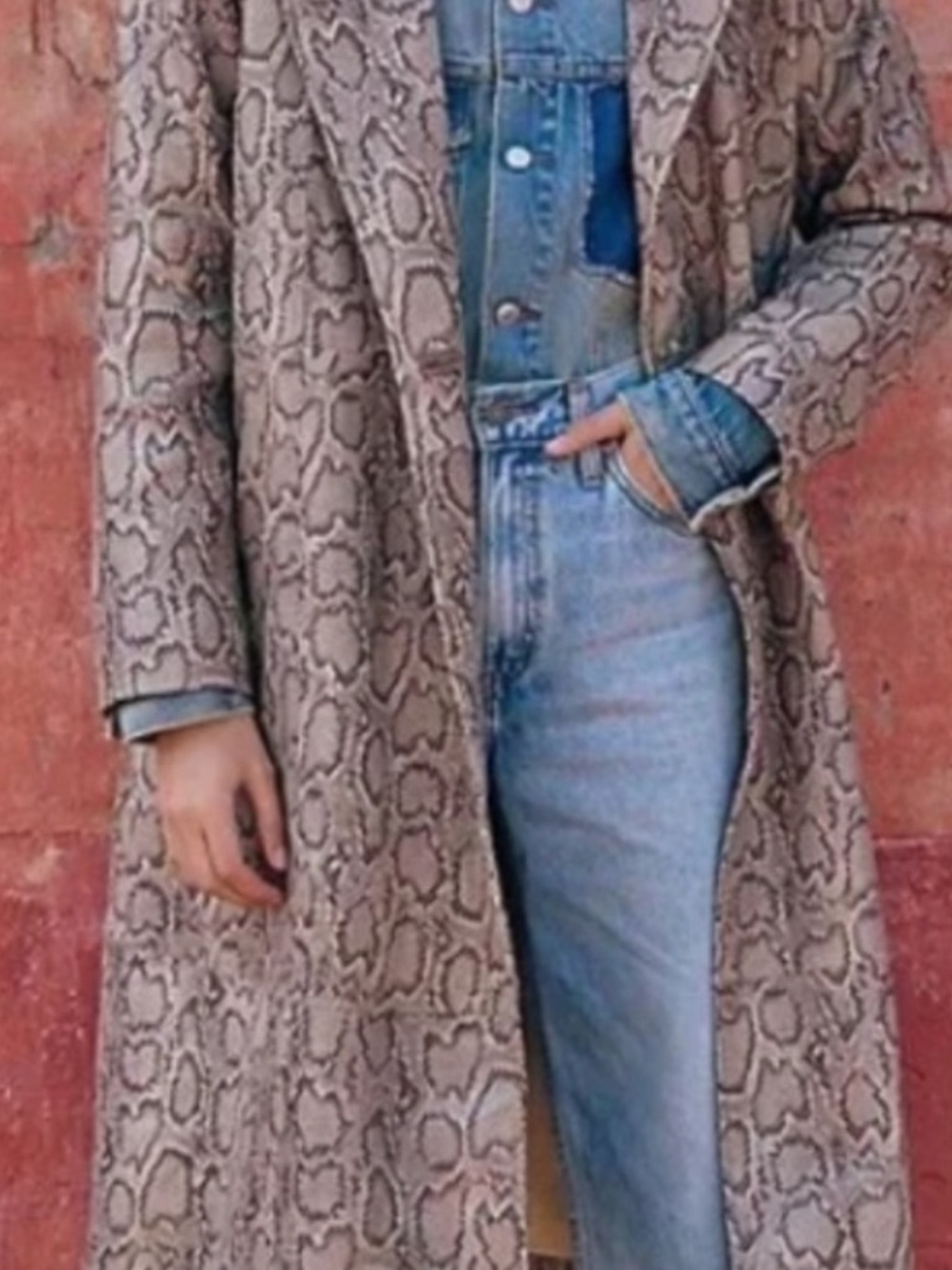 Free People Snake-Print Trench Coat in Neutral Tan REAL Leather